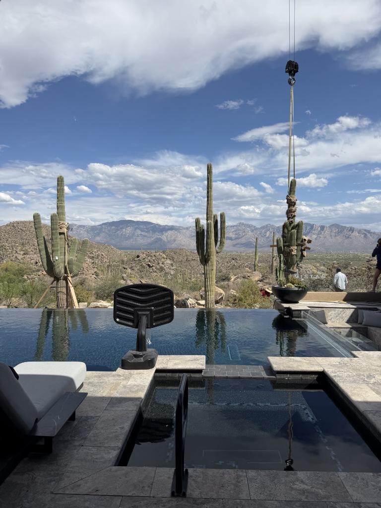 Desert mountain view with cacti and modern pool installation